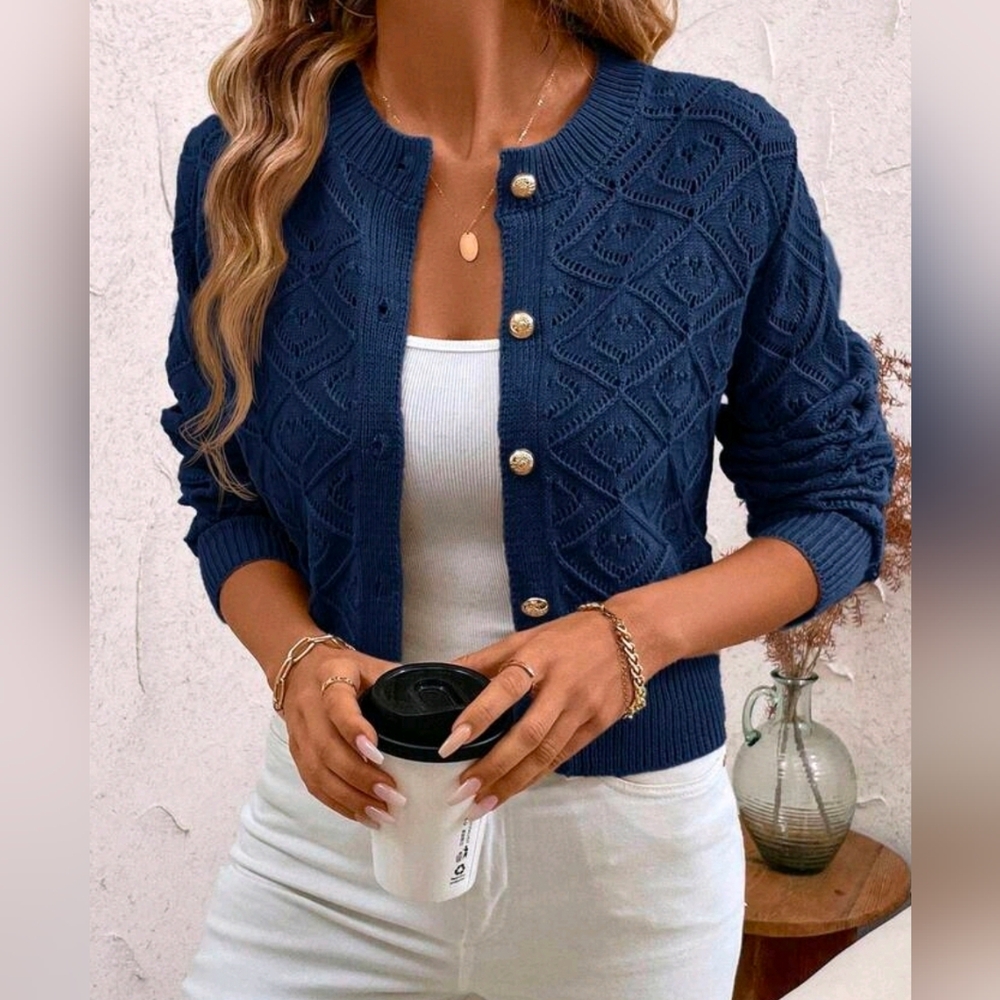 New Pointelle Knit Button Up Cardigan Sweater Blue